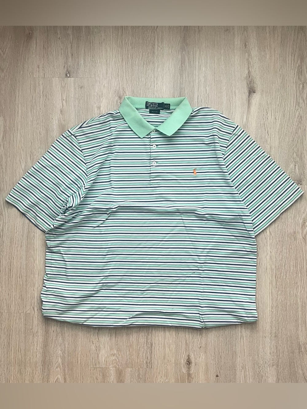 Vintage 90s Polo Ralph Lauren Striped Polo Shirt Mens XL Green Pique Blue Logo